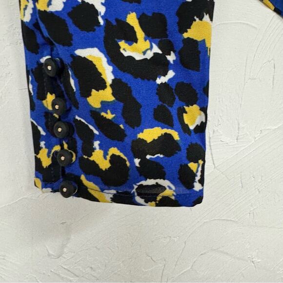 Rahi Blue Leopard Print Crop Puff Shoulder Boho Womens Blouse L Yellow Ruched - Picture 9 of 11